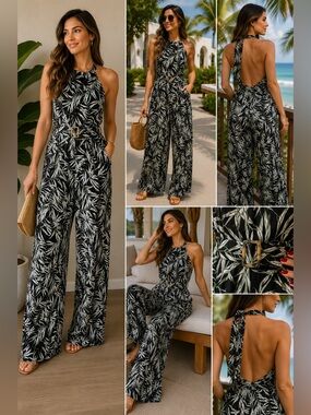 1.STATE Tropical Leaf Print Halter Wide Leg Jumpsuit Open Back Belted Size 10
